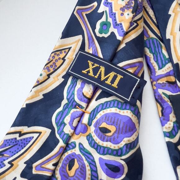 XMI Neck Tie Floral Navy Blue Yellow Silk Wilkes Bashford Italy USA - Picture 4 of 7